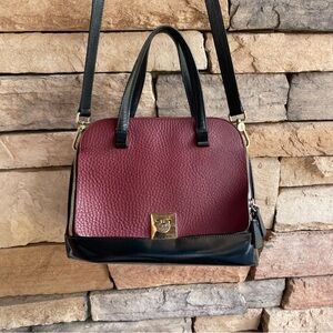Furla red brown black leather full zip satchel crossbody handbag EUC